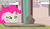 Size: 1258x720 | Tagged: safe, edit, edited screencap, screencap, pinkie pie, earth pony, pony, g4, season 5, the cutie map, cottage, door, female, food, green, green face, muffin, sick, solo, starlight's village, table, text, text box
