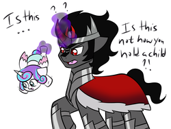 Size: 1600x1200 | Tagged: safe, artist:jolliapplegirl, king sombra, princess flurry heart, pony, unicorn, g4, season 9, the beginning of the end, ..., dialogue, exclamation point, female, filly, foal, interrobang, leg hold, magic, male, open mouth, question mark, simple background, stallion, telekinesis, white background