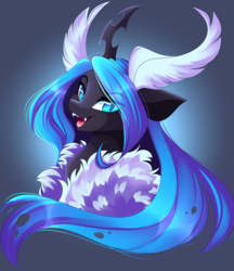 Size: 3840x4444 | Tagged: safe, artist:airiniblock, oc, oc only, oc:moxithya, changeling, moth, mothling, mothpony, original species, rcf community, blue changeling, bust, changeling oc, fangs, female, gradient background, looking at you, open mouth, slit pupils, solo