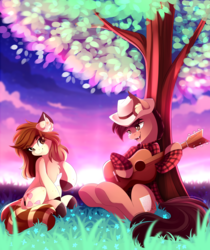 Size: 3732x4444 | Tagged: safe, artist:airiniblock, oc, oc only, earth pony, pony, rcf community, absurd resolution, chest fluff, clothes, color porn, commission, female, grass, guitar, hat, male, mare, open mouth, sky, smiling, stallion, tree