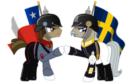 Size: 1024x674 | Tagged: safe, artist:brony-works, pony, chile, clothes, facial hair, flag, male, moustache, pickelhaube, simple background, stallion, sweden, transparent background, uniform, vector