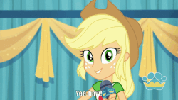 Size: 800x450 | Tagged: safe, edit, edited screencap, screencap, applejack, best in show: the pre-show, equestria girls, equestria girls series, spoiler:eqg series (season 2), animated, applejack's hat, cowboy hat, cute, female, freckles, geode of super strength, hat, jackabetes, magical geodes, microphone, text, yeehaw