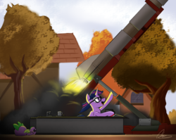 Size: 3574x2851 | Tagged: safe, artist:oinktweetstudios, spike, twilight sparkle, alicorn, dragon, pony, g4, female, glasses, high res, i can't believe it's not sci-twi, male, mare, open mouth, rocket, rocket launcher, signature, sky, tree, twilight sparkle (alicorn), twilight's professional glasses