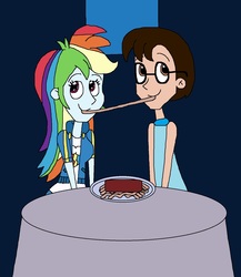 Size: 1273x1465 | Tagged: safe, artist:hunterxcolleen, rainbow dash, oc, oc:stewart gary, human, equestria girls, g4, my little pony equestria girls: better together, bella notte, eating, food, lady and the tramp, pasta, plate, spaghetti, table, tomato sauce