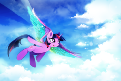 Size: 1500x1000 | Tagged: safe, artist:skyeypony, twilight sparkle, alicorn, pony, g4, my little pony: rainbow roadtrip, cloud, colored wings, female, flying, looking away, mare, open mouth, sky, smiling, solo, spoiler, spread wings, twilight sparkle (alicorn), wing bling, wings