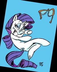 Size: 1012x1280 | Tagged: safe, artist:grotezco, rarity, g4, blue background, couple, crossover, glasses, holding up, hotel transylvania, invisible man, laughing, sensual, simple background, uncomfortable