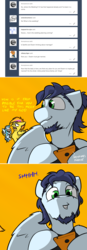 Size: 800x2292 | Tagged: safe, artist:captainhoers, soarin', spitfire, oc, oc:concorde, pegasus, pony, firestarter spitfire, g4, ask, baby, baby pony, beard, cellphone, comic, facial hair, family, female, filly, messy, nonbinary, offspring, orange background, parent:soarin', parent:spitfire, parents:soarinfire, phone, ship:soarinfire, shipping, simple background, smartphone, straight, tumblr