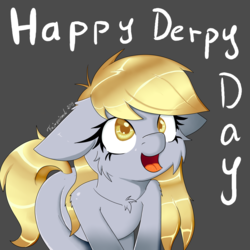 Size: 3000x3000 | Tagged: safe, artist:fajnyziomal, derpy hooves, pegasus, pony, g4, cheek fluff, colored pupils, cute, derpabetes, derpy day, derpy day 2019, female, floppy ears, gray background, high res, looking up, mare, open mouth, signature, simple background, smiling, solo