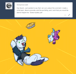 Size: 800x780 | Tagged: safe, artist:captainhoers, soarin', oc, oc:concorde, pegasus, pony, firestarter spitfire, g4, animated, ask, baby, baby pony, beard, clothes, costume, facial hair, father and child, filly, food, gif, jacket, male, nonbinary, offspring, onesie, orange background, pacifier, parent:soarin', parent:spitfire, parents:soarinfire, pie, scarf, shadowbolts costume, simple background, that pony sure does love pies, tumblr