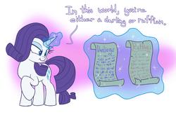 Size: 2400x1600 | Tagged: safe, artist:heir-of-rick, rarity, pony, unicorn, g4, :t, darling, dialogue, dreamworks face, eyeshadow, female, floating eyebrows, gradient background, levitation, lidded eyes, magic, makeup, mare, nose wrinkle, paper, raised eyebrow, raised hoof, ruffian, scroll, scrunchy face, simple background, smiling, smirk, solo, telekinesis, text, white background