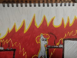 Size: 4032x3024 | Tagged: safe, artist:pinkamenace, oc, oc only, oc:golden lotus, pony, computer, drawing, fire, mouth hold, office, solo, traditional art