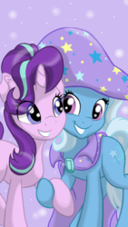 Size: 3072x5461 | Tagged: safe, artist:theroyalprincesses, starlight glimmer, trixie, pony, unicorn, g4, best friends, cape, clothes, cute, diatrixes, duo, eye clipping through hair, female, glimmerbetes, hat, holding hooves, looking at each other, mare, raised hoof, smiling, trixie's cape, trixie's hat