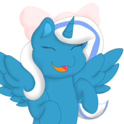 Size: 800x800 | Tagged: safe, artist:dovepetal41, oc, oc:fleurbelle, alicorn, pony, adorabelle, adorable face, alicorn oc, behaving like a cat, bow, cute, eyes closed, female, hair bow, happy, mare, mouth, ribbon, simple background, smiling, transparent background, ych result
