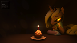 Size: 3840x2160 | Tagged: safe, artist:ventious, artist:wst-creations, princess luna, alicorn, pony, g4, 3d, 4k, alone, birthday, candle, candlelight, cupcake, dark, female, food, frown, happy birthday to me, high res, lonely, mare, recreation, s1 luna, sad, solo, source filmmaker