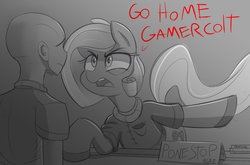 Size: 1237x816 | Tagged: safe, artist:nignogs, oc, oc only, oc:anon, human, pony, duo, female, gamestop, human male, law & order: special victims unit, male, mare, misandry, monochrome, reversed gender roles equestria, sad, sexism, yelling