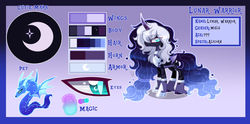 Size: 1920x956 | Tagged: safe, artist:sugaryicecreammlp, oc, oc only, oc:lunar warrior, alicorn, pony, alicorn oc, concave belly, crescent moon, ethereal mane, male, moon, offspring, parent:princess luna, reference sheet, slender, solo, stallion, starry mane, thin