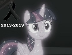 Size: 702x540 | Tagged: safe, edit, edited screencap, screencap, tree of harmony, twilight sparkle, alicorn, pony, g4, the beginning of the end, dated, female, mare, press f to pay respects, ribbon, solo, sparkles, text, treelight sparkle, twilight sparkle (alicorn)