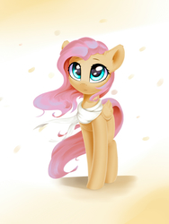 Size: 1200x1600 | Tagged: safe, artist:ifmsoul, fluttershy, pegasus, pony, g4, clothes, cute, female, folded wings, mare, scarf, shyabetes, solo, standing, three quarter view, wind, windswept mane, wings