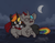 Size: 1660x1300 | Tagged: safe, artist:marsminer, oc, oc only, oc:cloudburst, oc:rainbow heart, changeling, pony, unicorn, changeling oc, crescent moon, moon, red changeling