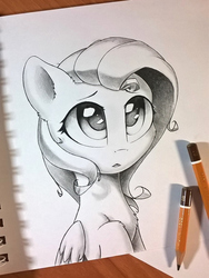 Size: 711x948 | Tagged: safe, artist:ifmsoul, fluttershy, pegasus, pony, g4, bust, chest fluff, female, folded wings, looking up, mare, monochrome, open mouth, pencil drawing, portrait, raised hoof, solo, three quarter view, traditional art, wings