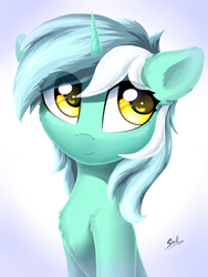 Size: 1200x1600 | Tagged: dead source, safe, artist:ifmsoul, lyra heartstrings, pony, unicorn, g4, bust, chest fluff, cute, female, looking away, lyrabetes, mare, portrait, signature, smiling, solo