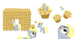 Size: 4097x2161 | Tagged: safe, artist:sciencesean, derpy hooves, pegasus, pony, g4, bait, clone, cute, derpabetes, derpy day, derpy day 2019, eating, eyes closed, eyes on the prize, female, fishing rod, food, fort, looking up, mare, muffin, muffin fort, muffin hat, multeity, open mouth, prone, reaching, simple background, smiling, string, tiny, tiny ponies, transparent background, vector, walking