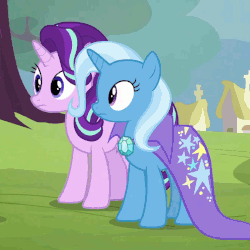Size: 676x676 | Tagged: safe, screencap, starlight glimmer, trixie, pony, g4, animated, blinking, female, looking at something