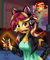 Size: 833x1000 | Tagged: safe, artist:pyropk, sunset shimmer, equestria girls, equestria girls series, g4, game stream, spoiler:eqg series (season 2), clothes, controller, dualshock controller, female, gamer, gamer sunset, headphones, microphone, open mouth, playstation 4, room, shimmercode, solo