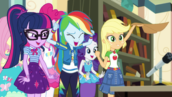 Size: 1920x1080 | Tagged: safe, screencap, applejack, fluttershy, pinkie pie, rainbow dash, rarity, sci-twi, twilight sparkle, equestria girls, g4, my little pony equestria girls: better together, schedule swap, applejack's hat, celestia's office, cheering, clothes, cowboy hat, cute, cutie mark on clothes, denim, denim skirt, faic, female, geode of shielding, geode of sugar bombs, geode of super speed, geode of super strength, geode of telekinesis, happy, hat, humane five, humane six, legs together, magical geodes, microphone, ponytail, sci-twi skirt, skirt, stetson, twiabetes