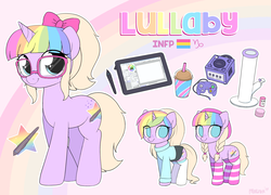 Size: 2983x2153 | Tagged: safe, artist:moozua, oc, oc only, oc:lullaby tiara, pony, unicorn, alternate clothes, bong, bow, cintiq, clothes, drink, female, freckles, gamecube, glasses, hair bow, high res, implied drug use, looking at you, mare, pansexual, rainbow hair, reference sheet, smiling, socks, striped socks, sweater, tablet