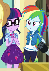 Size: 659x954 | Tagged: safe, screencap, applejack, rainbow dash, sci-twi, twilight sparkle, equestria girls, g4, my little pony equestria girls: better together, schedule swap, celestia's office, clothes, cropped, female, geode of super speed, geode of telekinesis, glasses, hoodie, magical geodes, offscreen character, pants, ponytail, skirt