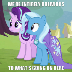 Size: 676x676 | Tagged: safe, edit, edited screencap, screencap, starlight glimmer, trixie, pony, unicorn, g4, road to friendship, animated, blinking, cape, caption, clothes, female, frown, image macro, looking at something, mare, oblivious, text, trixie's cape, wat, wide eyes