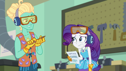 Size: 1920x1080 | Tagged: safe, screencap, rarity, zephyr breeze, equestria girls, g4, my little pony equestria girls: better together, schedule swap, clothes, female, geode of shielding, gloves, goggles, magical geodes, male, safety goggles, woodshop, zephyr's necklace