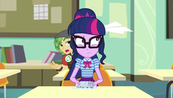 Size: 1920x1080 | Tagged: safe, screencap, sandalwood, sci-twi, twilight sparkle, equestria girls, g4, my little pony equestria girls: better together, schedule swap, female, geode of telekinesis, glasses, magical geodes, male, ponytail