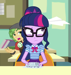 Size: 1013x1079 | Tagged: safe, screencap, sandalwood, sci-twi, twilight sparkle, equestria girls, g4, my little pony equestria girls: better together, schedule swap, cropped, female, geode of telekinesis, glasses, magical geodes, male, ponytail, raised eyebrow, shrunken pupils