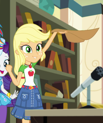 Size: 910x1079 | Tagged: safe, screencap, applejack, rainbow dash, rarity, equestria girls, g4, my little pony equestria girls: better together, schedule swap, applejack's hat, celestia's office, clothes, cowboy hat, cropped, female, geode of super strength, hat, magical geodes, microphone, offscreen character, smiling, stetson