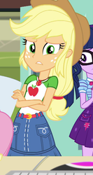 Size: 575x1079 | Tagged: safe, screencap, applejack, fluttershy, sci-twi, twilight sparkle, equestria girls, g4, my little pony equestria girls: better together, schedule swap, applejack's hat, belt, bowtie, clothes, collar, cowboy hat, cropped, crossed arms, denim, denim skirt, female, geode of super strength, hat, magical geodes, offscreen character, ponytail, puffy sleeves, shirt, skirt, solo focus, t-shirt, teenager