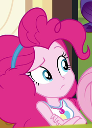 Size: 432x599 | Tagged: safe, screencap, pinkie pie, rarity, equestria girls, g4, my little pony equestria girls: better together, schedule swap, cropped, crossed arms, female, geode of sugar bombs, magical geodes, offscreen character, raised eyebrow