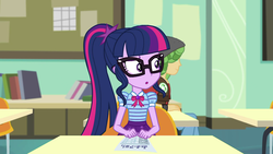 Size: 1920x1080 | Tagged: safe, screencap, sandalwood, sci-twi, twilight sparkle, equestria girls, g4, my little pony equestria girls: better together, schedule swap, clothes, female, geode of telekinesis, glasses, magical geodes, male, ponytail