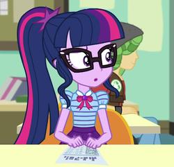 Size: 985x950 | Tagged: safe, screencap, sandalwood, sci-twi, twilight sparkle, equestria girls, equestria girls series, g4, schedule swap, spoiler:eqg series (season 2), clothes, cropped, female, geode of telekinesis, glasses, magical geodes, male, ponytail
