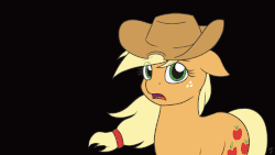 Size: 1280x720 | Tagged: safe, artist:mkogwheel, applejack, earth pony, pony, g4, season 9, animated, applejack's hat, black background, cowboy hat, crying, crying on the outside, end of ponies, eye clipping through hair, feels, female, floppy ears, frame by frame, gif, hat, in-universe pegasister, looking at you, my little pony logo, open mouth, sad, series finale blues, simple background, subtitles, teary eyes, that's it then?, wind, windswept mane