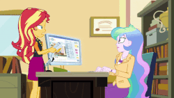 Size: 800x450 | Tagged: safe, screencap, applejack, princess celestia, principal celestia, sunset shimmer, diy with applejack, equestria girls, g4, my little pony equestria girls: better together, schedule swap, animated, breaking the fourth wall, celestia's office, facepalm, female, geode of empathy, iris out, magical geodes, raised eyebrow, sigh