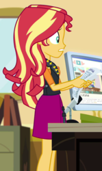 Size: 605x1017 | Tagged: safe, screencap, applejack, sunset shimmer, diy with applejack, equestria girls, g4, my little pony equestria girls: better together, schedule swap, applejack's hat, celestia's office, cowboy hat, cropped, female, geode of empathy, hat, magical geodes, solo