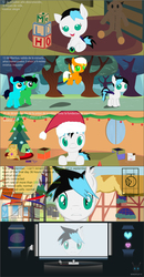 Size: 3307x6383 | Tagged: safe, artist:wheatley r.h., oc, oc only, oc:axóchitl, oc:flowing notes, oc:sentry towel, oc:sturdy diablo, bat pony, earth pony, pony, unicorn, baby, baby pony, bat pony oc, bat wings, blank flank, blue eyes, box, brain, brain in a jar, carpet, christmas, christmas tree, colt, crystal heart, cubes, dark room, ear tufts, electrocardiogram, female, filly, floor, flying, folded wings, game boy color, green eyes, hair, happy, hat, heart, holiday, horn, looking at you, looking up, male, mane, memory card, missing cutie mark, orb, pegasus oc, plushie, pony plushie, present, road, room, santa hat, screen, shocked expression, spanish, spanish text, sphere, teddy bear, time-lapse, toy, translated in the description, tree, two toned mane, two toned tail, unicorn oc, vector, village, watermark, window, wings, yellow eyes, younger