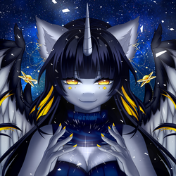 Size: 1500x1500 | Tagged: safe, artist:gyuumu, oc, oc only, oc:starlit night, alicorn, anthro, alicorn oc, anthro oc, female, looking at you, mare, nail polish, night, smiling, solo, stars, wings