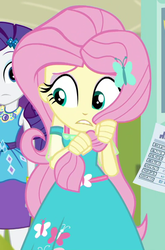 Size: 540x819 | Tagged: safe, screencap, fluttershy, rarity, equestria girls, g4, my little pony equestria girls: better together, schedule swap, cropped, cute, female, geode of shielding, hair grab, magical geodes, shyabetes