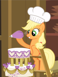 Size: 707x939 | Tagged: safe, screencap, applejack, earth pony, pony, a canterlot wedding, g4, season 2, bipedal, chef's hat, cropped, cute, female, food, freckles, frosting, hat, ladder, mare, raised hoof, solo, wedding cake