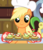 Size: 816x938 | Tagged: safe, screencap, applejack, earth pony, pony, a canterlot wedding, g4, apple fritter (food), baking sheet, chef's hat, cropped, cute, female, food, hat, jackabetes, mare, oven mitts, smiling, solo focus