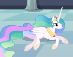 Size: 1140x888 | Tagged: safe, screencap, princess celestia, pony, a canterlot wedding, g4, cropped, female, lying down, mare, prone, solo