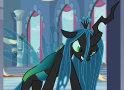 Size: 1294x938 | Tagged: safe, screencap, queen chrysalis, changeling, changeling queen, a canterlot wedding, g4, season 2, concave belly, cropped, evil smile, female, grin, lanky, looking out the window, quadrupedal, skinny, smiling, solo, tall, thin